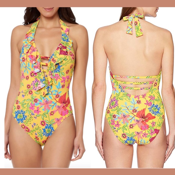 NEW Bleu Rod Beattie Magic Garden Plunge Ruffle One‎ Piece Swimsuit [SZ 12 ] - Picture 1 of 12
